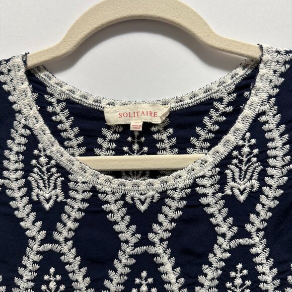 SOLITAIRE Embroidered with Scallop Sleeves  and Garterized Waist Top; Color Blue - Picture 2 of 4